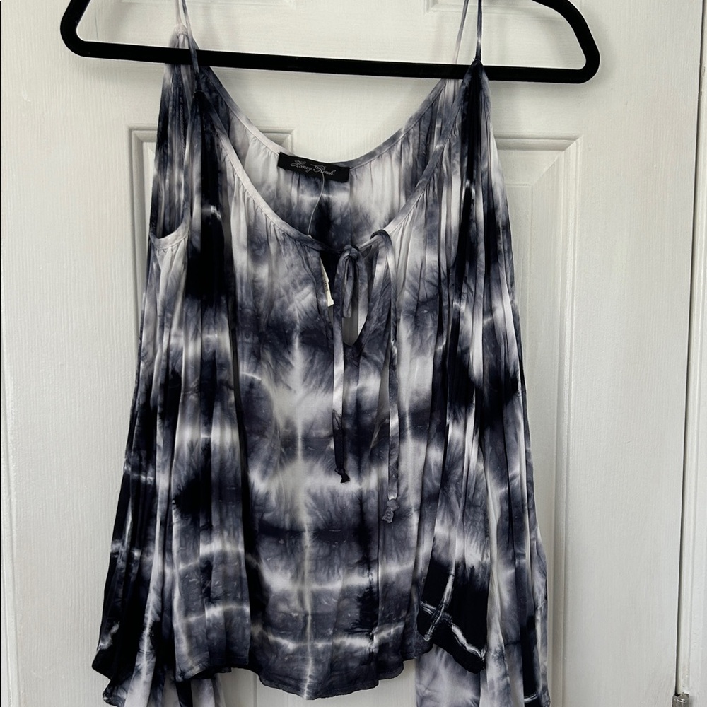 NWT.  Navy and White Tie-Dye Spaghetti Strap Blouse with Dolman Sleeves.